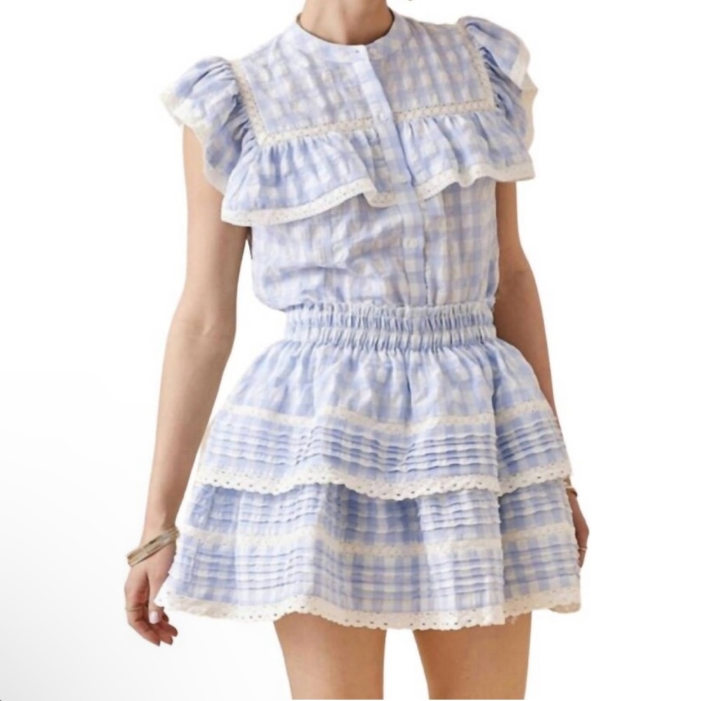 Day + Moon Blue & White gingham checkered lace ruffled crop shirt top Size M